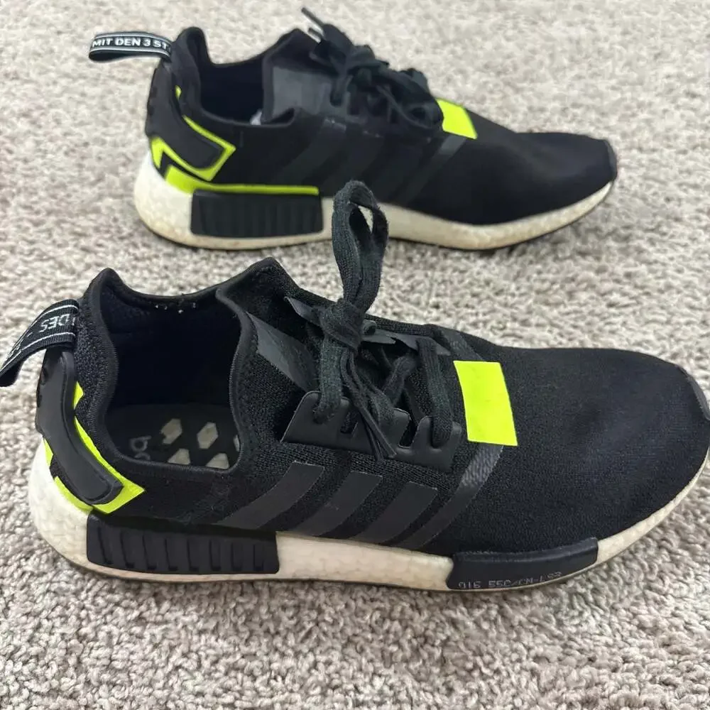 Adidas NMD R1 Boost Black Solar‎ Yellow Mens Size 12 Running Shoes Sneakers EUC
